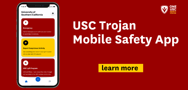 Graphic USC Trojan Mobile App -Smartphone displaying the USC trojan mobile safety app interface with options for emergency contact, reporting suspicious activity.